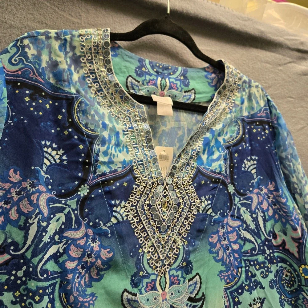 Chicos Embellished Tunic Coastal Sheer‎ Sz 3 16/18 Turquoise Blue Paisley Animal